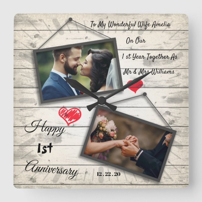 Horloge Carrée 1st wedding anniversary wooden photo frame clock (Recto)