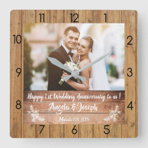 Horloge Carrée 1st Wedding Anniversary Wooden Texture Clock
