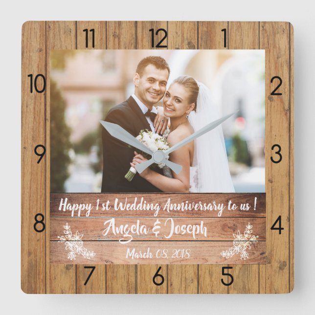 Horloge Carrée 1st Wedding Anniversary Wooden Texture Clock (Recto)