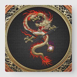 Horloge Carrée [200] Dragon chinois d'or Fucanglong