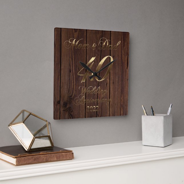 Horloge Carrée 2022 Rustic Ruby Mariage 40e Anniversaire Parents (Bureau)