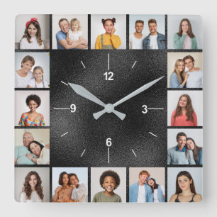 Horloge Carrée 20 Collage Photo Feuille de métal Noir Faux Brossé