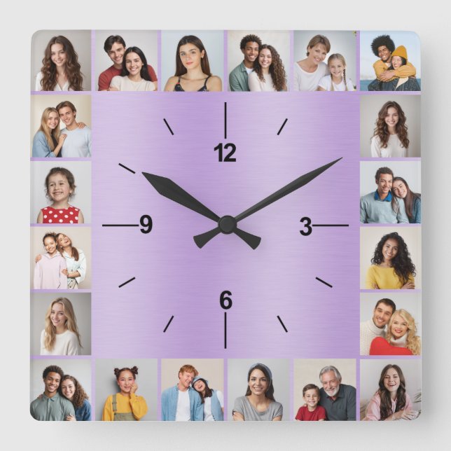 Horloge Carrée 20 Photo Collage Brossé Metallic Purple Pastel (Recto)