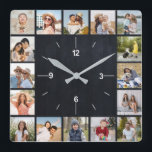 Horloge Carrée 20 Photo Collage Faux Black Chalkboard<br><div class="desc">Créez votre propre Faux Black Chalkboard, Photo Collage Wall Clock pour Noël, Anniversaires, Mariages, Anniversaires, Graduations, Fête des pères, Fête des Mères ou toute autre occasion spéciale. Ajoutez vos photos préférées d'amis, de famille, de vacances, de loisirs et d'animaux de compagnie et vous aurez un magnifique collage photo unique, parfait...</div>
