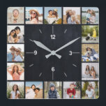 Horloge Carrée 20 Photo Collage Faux Black Chalkboard<br><div class="desc">Créez votre propre Faux Black Chalkboard, Photo Collage Wall Clock pour Noël, Anniversaires, Mariages, Anniversaires, Graduations, Fête des pères, Fête des Mères ou toute autre occasion spéciale. Ajoutez vos photos préférées d'amis, de famille, de vacances, de loisirs et d'animaux de compagnie et vous aurez un magnifique collage photo unique, parfait...</div>