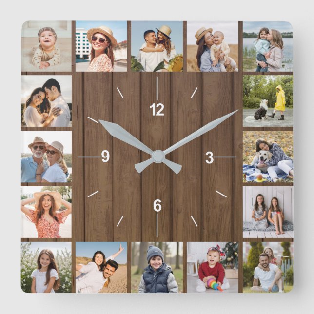 Horloge Carrée 20 Photo Collage Faux Brown clôture en bois (Recto)