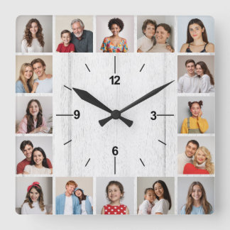 Horloge Carrée 20 Photo Collage Faux Clair clôture en bois blanc