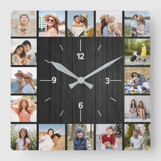 Horloge Carrée 20 Photo Collage Faux Dark Black Wood Fence (Recto)