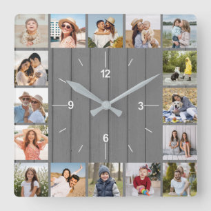 Horloge Carrée 20 Photo Collage Faux Gris clôture en bois