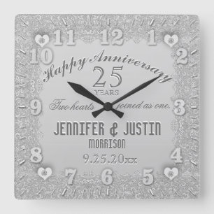 Horloge Carrée 25e anniversaire du Mariage d'argent