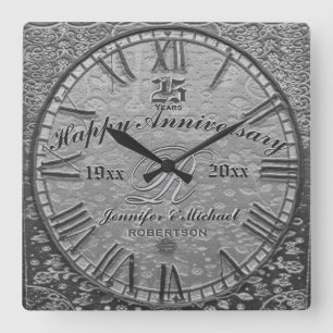 Horloge Carrée 25e anniversaire Mariage d'argent Antique Vintage