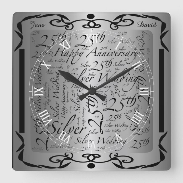 Horloge Carrée 25e anniversaire Word Art Graphic (Recto)