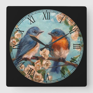 Horloge Carrée 2 Beaux Oiseaux sur une Branche Beaux Art Roman Nu