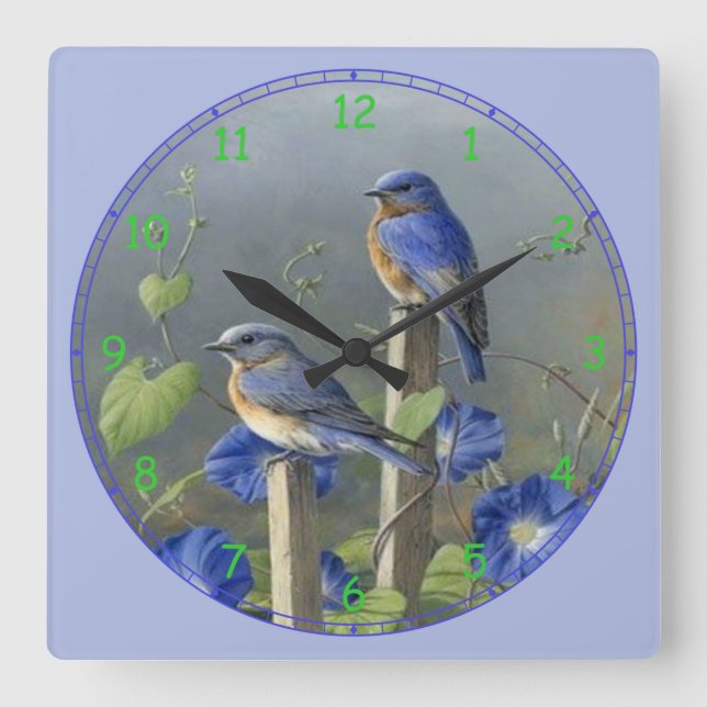 Horloge Carrée 2 Cute Blue Birds on Posts (Recto)