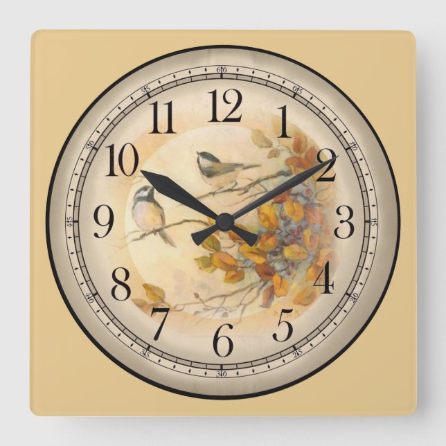 Horloge Carrée 2 mignons oiseaux jouant dans les arbres (Recto)