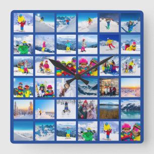 Horloge Carrée 36 Grille de Collage de Photos Bleu Foncé