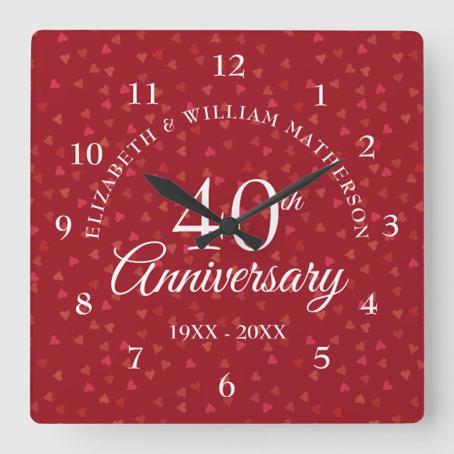 Horloge Carrée 40 ans Rubis Cœurs (Recto)