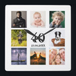 Horloge Carrée 40e anniversaire photo collage mec<br><div class="desc">Une horloge murale en cadeau pour un 40e anniversaire pour un gars,  célébrant sa vie avec un collage de 8 de vos propres photos.  Modèles pour un nom,  âge 40 et une date.  Date de naissance ou date d'anniversaire.  Lettres de couleur noire.  Arrière - plan blanc.</div>