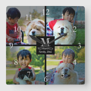 Horloge Carrée 4 Collage photo Customisé avec monogramme