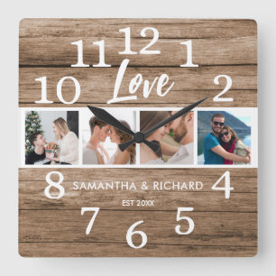 Horloge Carrée 4 Photo Collage Anniversaire Valentine Love Wood