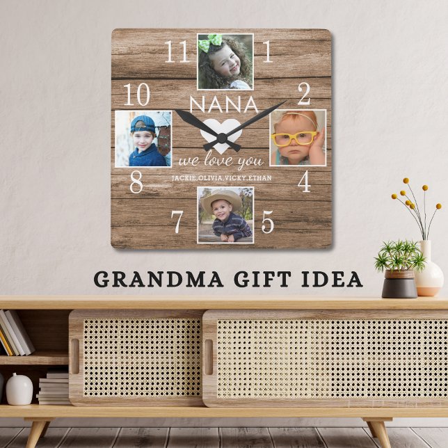 Horloge Carrée 4 Photo Rustic Barn Wood Love You Nana Grandkids (4 Photo Rustic Barn Wood Love You Nana Grandkids Square Wall Clock-grandma gift idea)