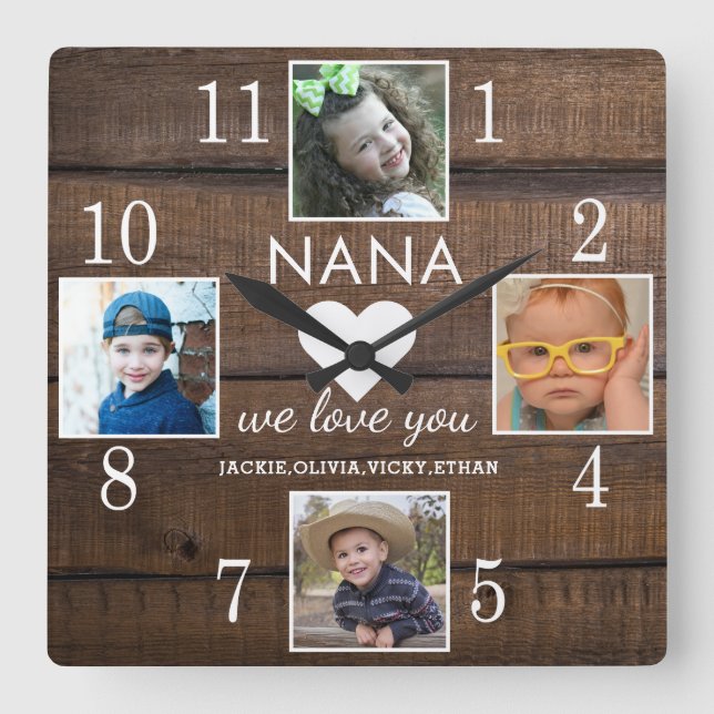 Horloge Carrée 4 Photo Rustic Brown Wood Love You Nana Grandkids (Recto)