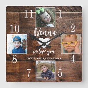 Horloge Carrée 4 Photo Rustic Brown Wood Love You Nonna Grandkids