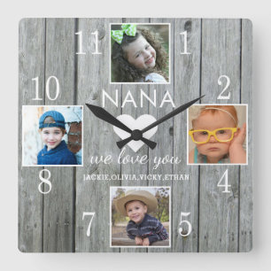 Horloge Carrée 4 Photo Rustic Grey Wood Love You Nana Grandkids