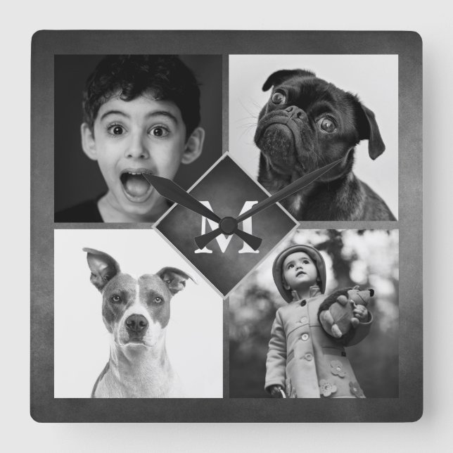 Horloge Carrée 4 Photos de famille Collage Tableau noir Monogramm (Recto)