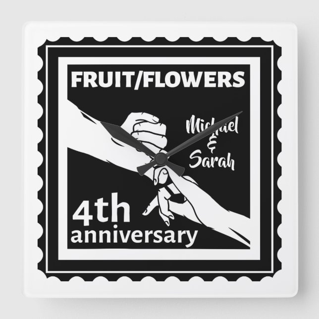 Horloge Carrée 4e anniversaire Mariage tenant la main romantique (Recto)