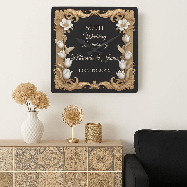 Horloge Carrée 50 Wedding Anniversary Baroque Elegant Tulip Frame (50 Wedding Anniversary Baroque Elegant Tulip Frame Square Wall Clock)