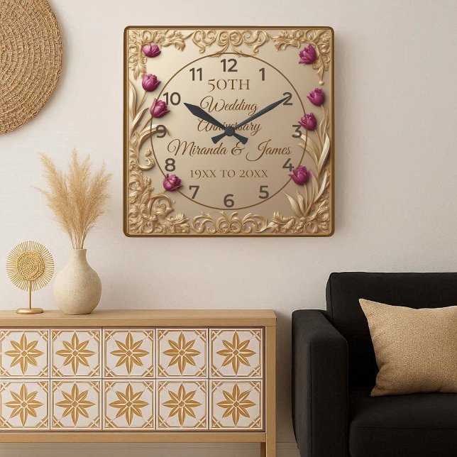 Horloge Carrée 50 Wedding Anniversary Opulent Baroque Tulip Frame (50 Wedding Anniversary Opulent Baroque Tulip Frame Square Wall Clock)