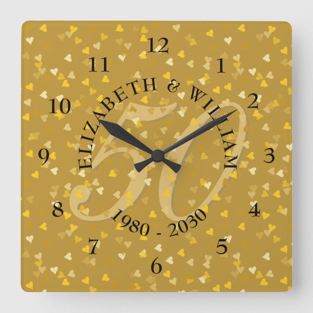 Horloge Carrée 50e anniversaire de Mariage Gold Hearts Confetti (Recto)
