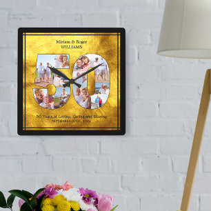 Horloge Carrée 50e Anniversaire de Mariage Numéro 50 Collage de P
