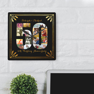 Horloge Carrée 50e Anniversaire de Mariage Photo Noir et Or