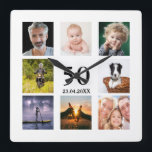 Horloge Carrée 50e anniversaire photo collage mec<br><div class="desc">Une horloge murale en cadeau pour un 50ème anniversaire pour un gars,  célébrant sa vie avec un collage de 8 de vos propres photos. Modèles pour un nom,  50 ans et une date. Date de naissance ou date d'anniversaire. Lettres de couleur noire. Arrière - plan blanc.</div>
