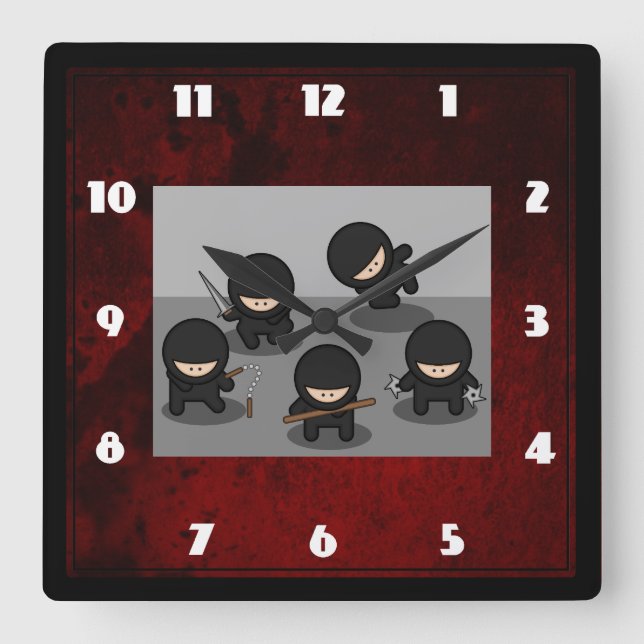 Horloge Carrée 5 Petites ninjas posant avec des armes (Recto)