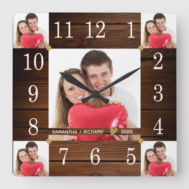 Horloge Carrée 5 Photo Collage Mariage Anniversaire Bois rustique (Recto)