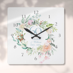 Horloge Carrée 60e / 75e anniversaire de Mariage Roses Garland