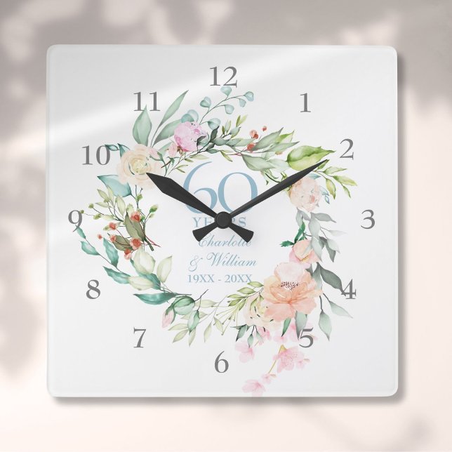 Horloge Carrée 60e / 75e anniversaire de Mariage Roses Garland (60th / 75th Wedding Anniversary Roses Garland Square Wall Clock)