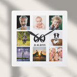 Horloge Carrée 60e anniversaire photo collage mec<br><div class="desc">Une horloge murale en cadeau pour un 60e anniversaire pour un gars,  célébrant sa vie avec un collage de 8 de vos propres photos.  Modèles pour un nom,  60 ans et une date.  Date de naissance ou date d'anniversaire.  Lettres de couleur noire.  Arrière - plan blanc.</div>