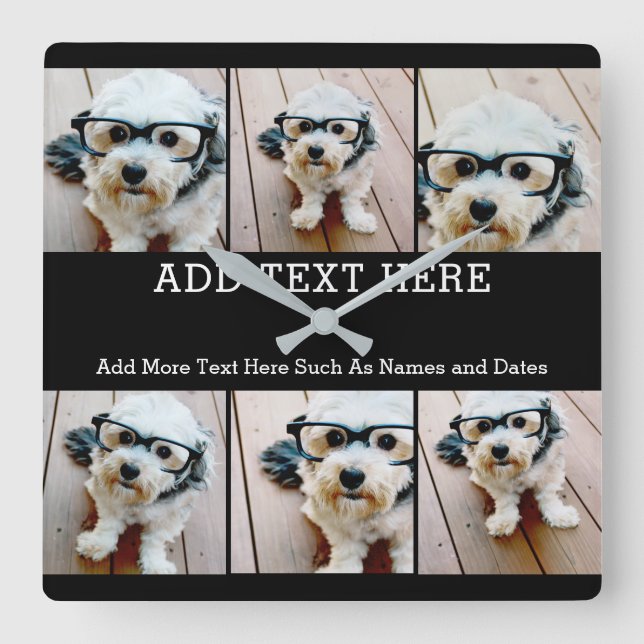 Horloge Carrée 6 Collage photo 2 lignes de texte — CAN Edit Black (Recto)