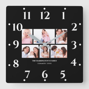 Horloge Carrée 6 sections Photo personnalisée Simple cadre noir é