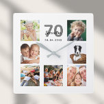 Horloge Carrée 70e anniversaire personnalisé photo collage famill<br><div class="desc">Une horloge murale en cadeau pour un 70ème anniversaire pour une femme,  célébrant sa vie avec un collage de 7 de vos photos. Personnalisez et ajoutez un nom,  70 ans et une date. Date de naissance ou date d'anniversaire. Lettres noires et grises. Un arrière - plan blanc chic.</div>