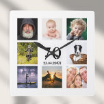 Horloge Carrée 70e anniversaire photo collage mec<br><div class="desc">Une horloge murale en cadeau pour un 70ème anniversaire pour un gars,  célébrant sa vie avec un collage de 8 de vos propres photos. Modèles pour un nom,  70 ans et une date. Date de naissance ou date d'anniversaire. Lettres de couleur noire. Arrière - plan blanc.</div>