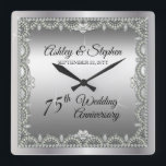 Horloge Carrée 75e Wedding Anniversary<br><div class="desc">Opulent elegance frames this 75th wedding anniversary design in a unique scalloped diamond design with heart-shaped diamond accents and faux added sparkles on a silver-tone. Please note that all embellishments are printed and are only made to appear as real as possible in a flat, printed design. This includes any metallic...</div>