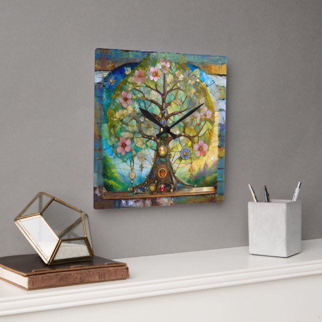 Horloge Carrée 7 Chakra Fleurissant Arbre De Vie (Bureau)