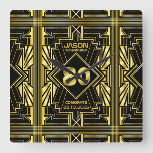 Horloge Carrée 80e anniversaire Art Déco Gold Black Great Gatsby