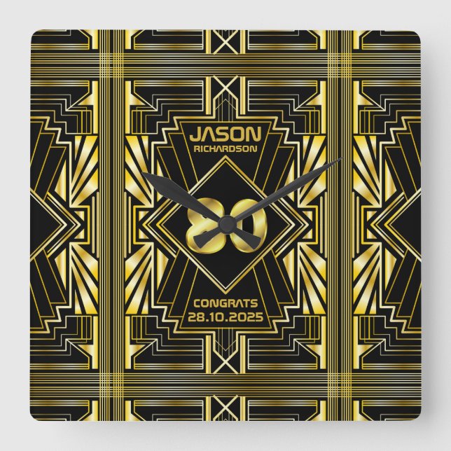 Horloge Carrée 80e anniversaire Art Déco Gold Black Great Gatsby (Recto)