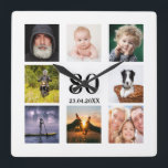 Horloge Carrée 80e anniversaire photo collage mec<br><div class="desc">Une horloge murale en cadeau pour un 80ème anniversaire pour un gars,  célébrant sa vie avec un collage de 8 de vos propres photos. Modèles pour un nom,  âge 80 et une date. Date de naissance ou date d'anniversaire. Lettres de couleur noire. Arrière - plan blanc.</div>
